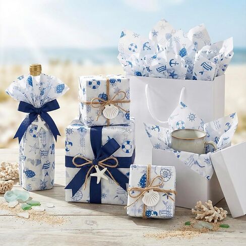 100 ورقة مقاس 20 × 14 بوصة من مناديل المحيط - ورق تغليف زخرفي مطبوع باللونين الأزرق والكحلي لسمك القرش ونجم البحر لحقائب الهدايا والحرف اليدوية وديكور الحفلات in Kuwait