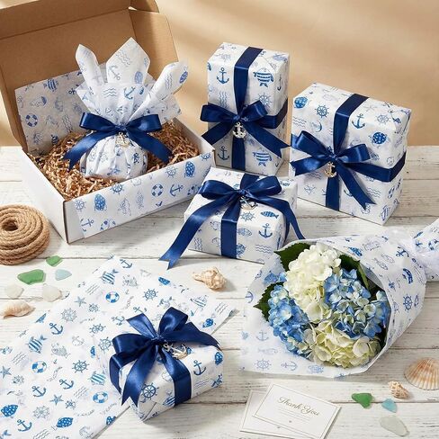 100 ورقة مقاس 20 × 14 بوصة من مناديل المحيط - ورق تغليف زخرفي مطبوع باللونين الأزرق والكحلي لسمك القرش ونجم البحر لحقائب الهدايا والحرف اليدوية وديكور الحفلات in Kuwait