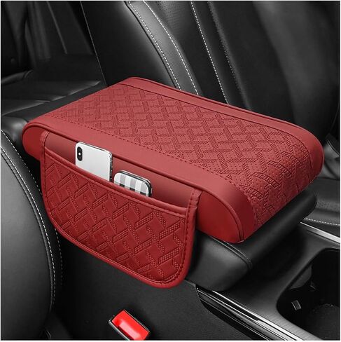 غطاء وحدة التحكم المركزية للسيارة، وسادة وسادة صندوق تخزين جلدية لمسند الذراع مع جيب تخزين جانبي، واقي مريح لوحدة التحكم الوسطى للسيارات، متوافق مع معظم المركبات (أسود/أحمر) in Kuwait