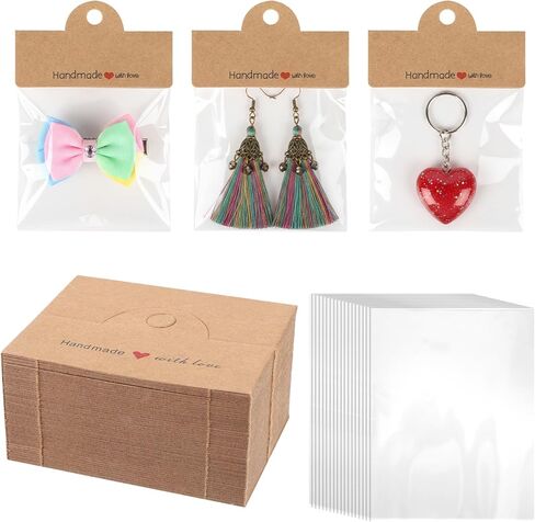 100 Pcs Brown Jewelry Package Supplies with Clear Bags Jewelry Display Bags for Selling Packaging for Small Business Thick Clear Packaging Bags for Bracelets, Craft, Key Chains, Car Coaster, Earring in Saudi Arabia