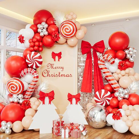 Christmas Balloon Garland Arch Kit, Red White Silver Apricot Balloons Candy Cane Foil Balloons Christmas Backdrop for Xmas Winter Holiday Party Decorations in Saudi Arabia