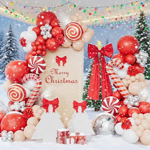 Christmas Balloon Garland Arch Kit, Red White Silver Apricot Balloons Candy Cane Foil Balloons Christmas Backdrop for Xmas Winter Holiday Party Decorations in Saudi Arabia