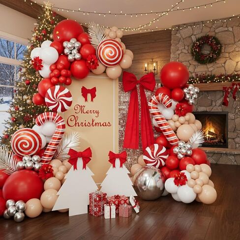 Christmas Balloon Garland Arch Kit, Red White Silver Apricot Balloons Candy Cane Foil Balloons Christmas Backdrop for Xmas Winter Holiday Party Decorations in Saudi Arabia