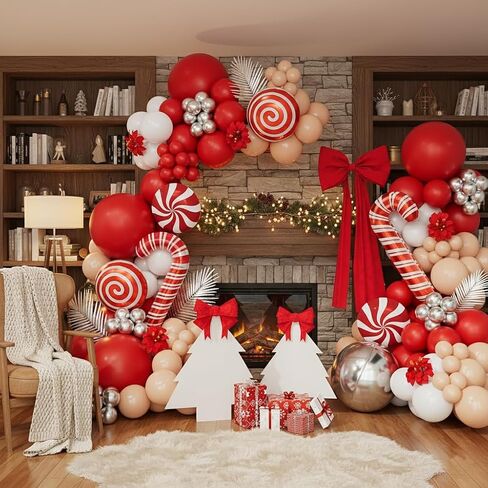 Christmas Balloon Garland Arch Kit, Red White Silver Apricot Balloons Candy Cane Foil Balloons Christmas Backdrop for Xmas Winter Holiday Party Decorations in Saudi Arabia