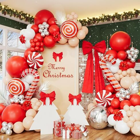 Christmas Balloon Garland Arch Kit, Red White Silver Apricot Balloons Candy Cane Foil Balloons Christmas Backdrop for Xmas Winter Holiday Party Decorations in Saudi Arabia