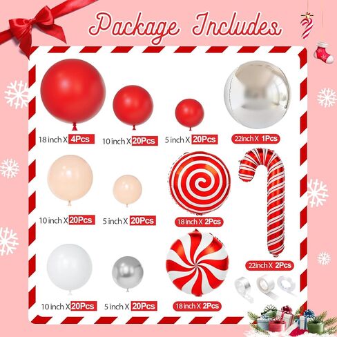 Christmas Balloon Garland Arch Kit, Red White Silver Apricot Balloons Candy Cane Foil Balloons Christmas Backdrop for Xmas Winter Holiday Party Decorations in Saudi Arabia