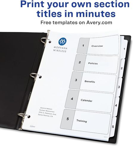 5 فواصل علامات تبويب من Avery لـ 3 مجلدات حلقية، جدول محتويات قابل للتخصيص، علامات تبويب بيضاء كلاسيكية، 3 مجموعات (11075) in Kuwait