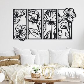 4 Pcs Wall Decor Metal Floral Minimalist Line Art Wall Living Room Bedroom Flower Aesthetic Modern Sculpture Poppy Theme Hanging Home Kitchen Bathroom Decorations (Black, Elegant) in Kuwait