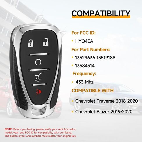 Smart Key Fob Replacement Fits for Chevy Traverse 2018 2019 2020 Blazer 2019 2020 Proximity Car Keyless Entry Remote Control Remote HYQ4EA 433Mhz 13529636 13519188 13584514 in Saudi Arabia