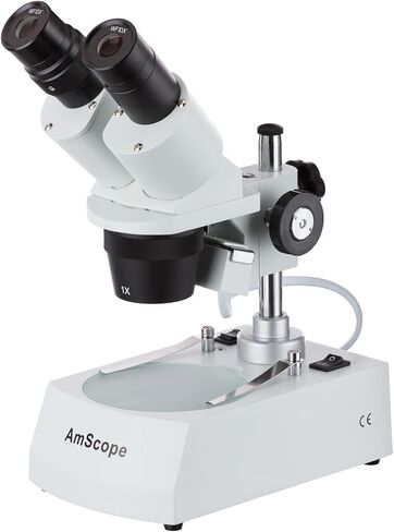 AmScope SE305R-PZ-E Digital Forward-Mounted Binocular Stereo Microscope, WF10x and WF20x Eyepieces, 10X/20X/30X/60X Magnification, 1X and 3X Objectives, Upper and Lower Halogen Lighting, Reversible Black/White Stage Plate, Pillar Stand, 120V, Includes 0.3 in Kuwait