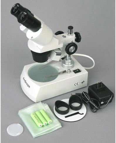 AmScope SE305R-PZ-E Digital Forward-Mounted Binocular Stereo Microscope, WF10x and WF20x Eyepieces, 10X/20X/30X/60X Magnification, 1X and 3X Objectives, Upper and Lower Halogen Lighting, Reversible Black/White Stage Plate, Pillar Stand, 120V, Includes 0.3 in Kuwait