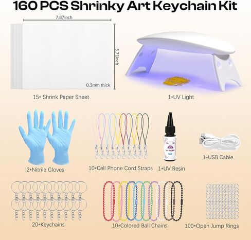 Csyidio 160PCS Shrink Plastic Sheet Kit with 15PCS Shrink Papers, UV Resin, UV Lamp and Keychains Accessories for Kids Craft Ornaments, DIY Key Chains & Christmas Decor in Kuwait