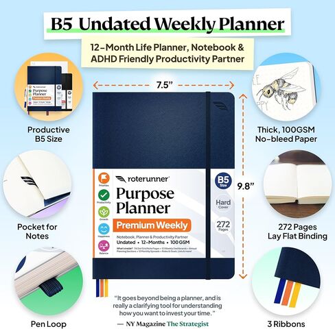 Roterunner Purpose Planner Notebook B5 7.5"x9.8" 12 Month Undated 2026 Daily Weekly and Monthly Productivity Goal Setting Tool for Work Home ADHD Planner for Adults Self Care Journa (Green) in Saudi Arabia