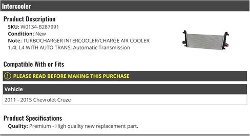 Turbo Intercooler Air Cooler - Compatible with 2011-2015 Chevy Cruze (with Automatic Transmission) in Saudi Arabia