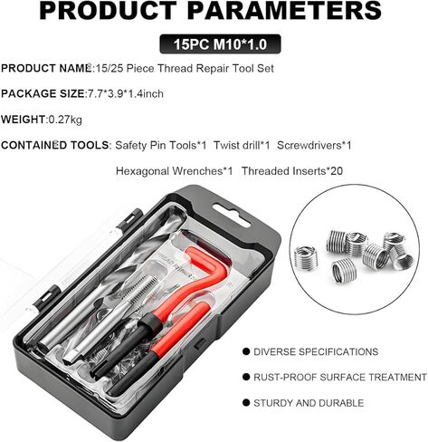 15 PCS Thread Repair Kit, M10×1.5 Metric Thread Repair Tool Set for Automotive Repair, Thread Repair Insert Kit with Hexagon Wrench and Drill, Universal Car Accessories (M10×1.25, 15pcs) in Saudi Arabia