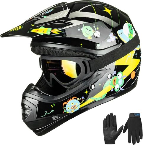 ILM Youth Kids ATV Motocross Helmet Goggles Sports Gloves Dirt Bike Motorcycle Off Road DOT Approved B07 (Youth-XL، أسود غير لامع) in Kuwait
