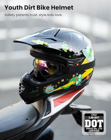 ILM Youth Kids ATV Motocross Helmet Goggles Sports Gloves Dirt Bike Motorcycle Off Road DOT Approved B07 (Youth-XL، أسود غير لامع) in Kuwait