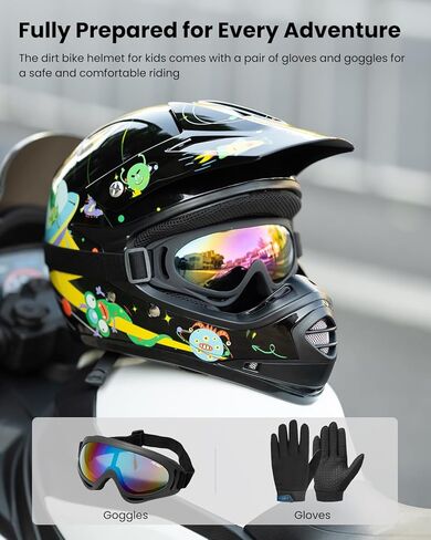 ILM Youth Kids ATV Motocross Helmet Goggles Sports Gloves Dirt Bike Motorcycle Off Road DOT Approved B07 (Youth-XL، أسود غير لامع) in Kuwait