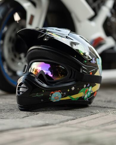 ILM Youth Kids ATV Motocross Helmet Goggles Sports Gloves Dirt Bike Motorcycle Off Road DOT Approved B07 (Youth-XL، أسود غير لامع) in Kuwait