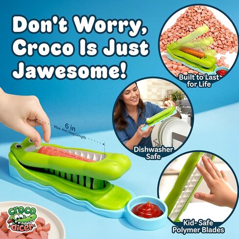 CrocoDicer: قطاعة هوت دوج ممتعة تسمح للأطفال بتقطيع النقانق الخاصة بهم بأمان. ضغطة واحدة = 24 قضمة. حتى الأشخاص الذين يصعب إرضاؤهم سيحبون وقت العشاء. آمن بنسبة 100% على الأطفال والتمساح (غير معتمد من قبل التمساح). in Saudi Arabia