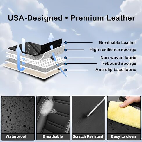 أغطية مقاعد السيارة Fit RAV4 لسيارة Toyota RAV 4 2013-2026 /RAV4 Hybrid - جلد ممتاز بتغطية كاملة، متوافق مع الوسادة الهوائية، واقي وسادة مقعد مقاوم للماء وفي جميع الأحوال الجوية، مجموعة كاملة، أسود in Kuwait