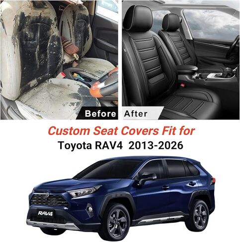 أغطية مقاعد السيارة Fit RAV4 لسيارة Toyota RAV 4 2013-2026 /RAV4 Hybrid - جلد ممتاز بتغطية كاملة، متوافق مع الوسادة الهوائية، واقي وسادة مقعد مقاوم للماء وفي جميع الأحوال الجوية، مجموعة كاملة، أسود in Kuwait