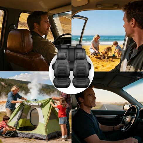 مجموعة أغطية مقاعد السيارة الكاملة - مجموعة أغطية مقاعد السيارات من جلد نابا للسيارات وسيارات السيدان وسيارات الدفع الرباعي، مقاومة للماء، متينة ومريحة، سهلة التركيب، ملائمة عالمية (5 مقاعد، أسود ورمادي) in Kuwait