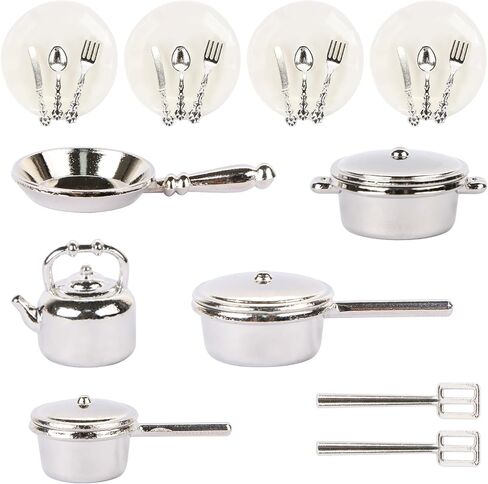 26 Pieces Dollhouse Miniatures Kitchen Set Metal Miniature Baking Set Include Mini Pots Mini Pans Plates Knife Fork Spoon for Dollhouse Party Decoration Supplies in Saudi Arabia
