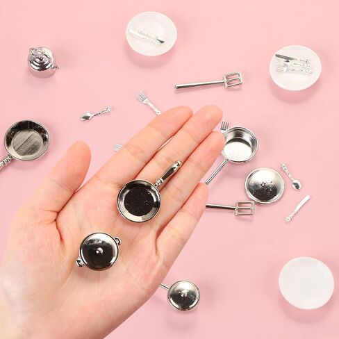 26 Pieces Dollhouse Miniatures Kitchen Set Metal Miniature Baking Set Include Mini Pots Mini Pans Plates Knife Fork Spoon for Dollhouse Party Decoration Supplies in Saudi Arabia
