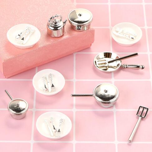 26 Pieces Dollhouse Miniatures Kitchen Set Metal Miniature Baking Set Include Mini Pots Mini Pans Plates Knife Fork Spoon for Dollhouse Party Decoration Supplies in Saudi Arabia