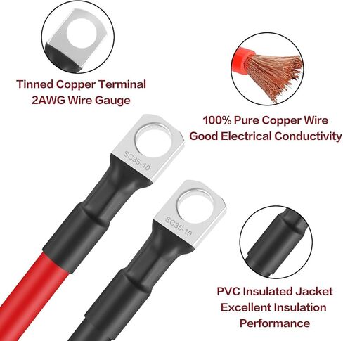 كابلات بطارية نحاسية نقية 2AWG مع عروات 5/16 بوصة - أحمر وأسود، 2 قدم، عبوتان للسيارة، عربة سكن متنقلة، شاحنة، قارب، بحرية، طاقة شمسية، دراجة نارية، سيارات، الطرق الوعرة، ملحقات القوارب in Saudi Arabia