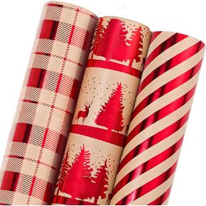 لفات ورق تغليف عيد الميلاد من sayrrame - مجموعة من 3 لفات من ورق تغليف الهدايا باللون الأحمر غير اللامع الفاخر (17 بوصة × 33 قدم)، تتميز بشجرة عيد الميلاد، الرنة، منقوشة حمراء، تصميمات مخططة لتغليف الهدايا in Kuwait