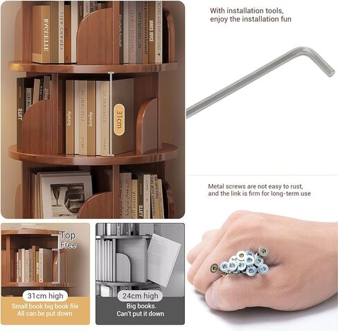 Solid Wood Rotating Bookshelf Tower, 360° Spinning Corner Bookcase, Stackable Freestanding Shelf for Bedroom, Living Room & Small Spaces(3-Layers) in Saudi Arabia
