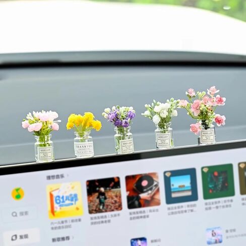 5 Pcs Mini Flowers Cute Car Accessories for Rear View Mirror Dashboard Cute Miniature Flowers in Glass Vase Car Interior Ornaments for Women in Saudi Arabia