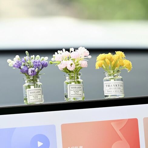 5 Pcs Mini Flowers Cute Car Accessories for Rear View Mirror Dashboard Cute Miniature Flowers in Glass Vase Car Interior Ornaments for Women in Saudi Arabia