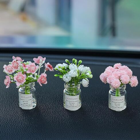 5 Pcs Mini Flowers Cute Car Accessories for Rear View Mirror Dashboard Cute Miniature Flowers in Glass Vase Car Interior Ornaments for Women in Saudi Arabia