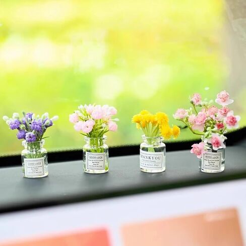 5 Pcs Mini Flowers Cute Car Accessories for Rear View Mirror Dashboard Cute Miniature Flowers in Glass Vase Car Interior Ornaments for Women in Saudi Arabia