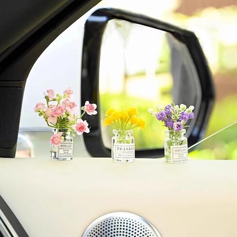 5 Pcs Mini Flowers Cute Car Accessories for Rear View Mirror Dashboard Cute Miniature Flowers in Glass Vase Car Interior Ornaments for Women in Saudi Arabia