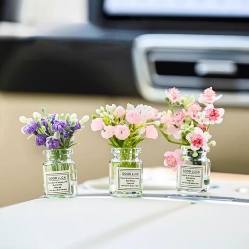 5 Pcs Mini Flowers Cute Car Accessories for Rear View Mirror Dashboard Cute Miniature Flowers in Glass Vase Car Interior Ornaments for Women in Saudi Arabia