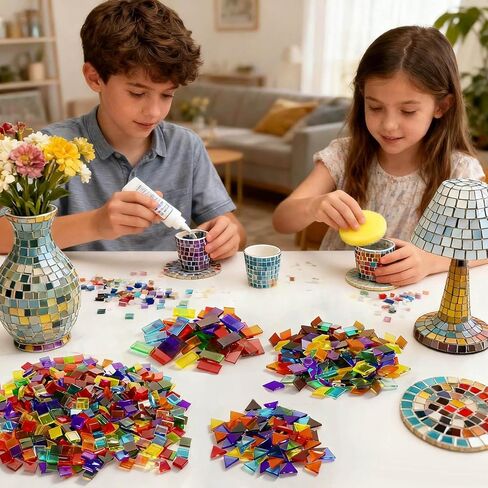 2800 قطعة من بلاط الفسيفساء الزجاجي الملون غير الشفاف من LITMIND - ألوان متنوعة، 4 أشكال (مربع، مستطيل، ماسي، مثلث) بلاط فسيفساء كبير للحرف اليدوية والمشروعات الفنية للبالغين in Kuwait