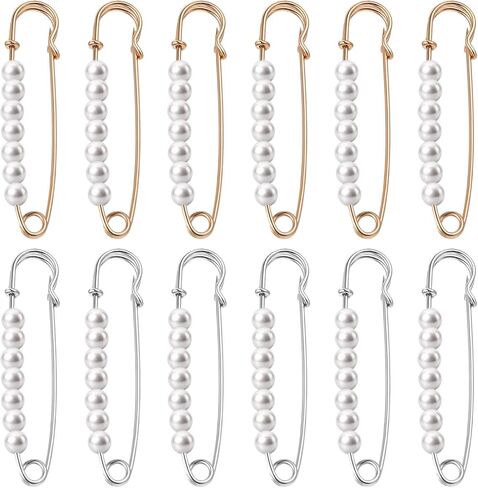 12PCS Decorative Safety Pins for Clothes, 7.8cm/3.07inch Pearl Brooch Pins for Women, Faux Pearl Pin Clips for Sweater Shawl Dress Skirt Shirt Scarves (Gold, Silver) in Saudi Arabia
