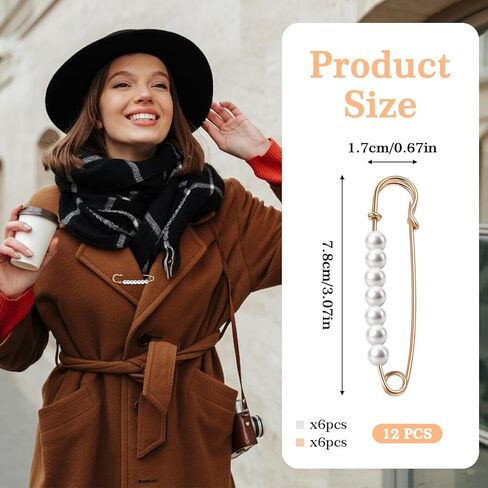 12PCS Decorative Safety Pins for Clothes, 7.8cm/3.07inch Pearl Brooch Pins for Women, Faux Pearl Pin Clips for Sweater Shawl Dress Skirt Shirt Scarves (Gold, Silver) in Saudi Arabia
