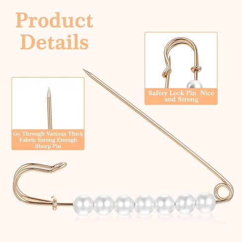 12PCS Decorative Safety Pins for Clothes, 7.8cm/3.07inch Pearl Brooch Pins for Women, Faux Pearl Pin Clips for Sweater Shawl Dress Skirt Shirt Scarves (Gold, Silver) in Saudi Arabia