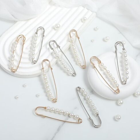 12PCS Decorative Safety Pins for Clothes, 7.8cm/3.07inch Pearl Brooch Pins for Women, Faux Pearl Pin Clips for Sweater Shawl Dress Skirt Shirt Scarves (Gold, Silver) in Saudi Arabia