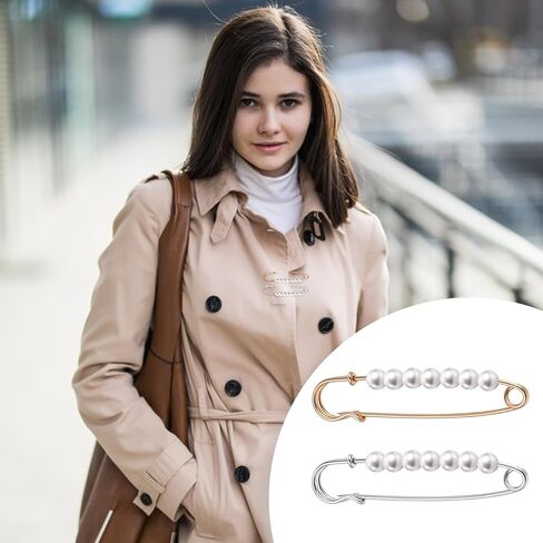12PCS Decorative Safety Pins for Clothes, 7.8cm/3.07inch Pearl Brooch Pins for Women, Faux Pearl Pin Clips for Sweater Shawl Dress Skirt Shirt Scarves (Gold, Silver) in Saudi Arabia