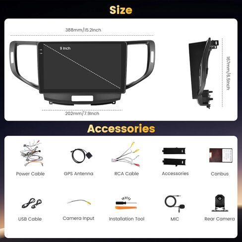 8 Core 4+64GB Android Radio Dash Kit لهوندا أكورد 2008-2012/Honda Spirior 2009-2013/Acura TSX 2008-2012، شاشة لمس 9 بوصات ستيريو للسيارة مع Carplay Android Auto GPS WiFi/32EQ/Bluetooth in Saudi Arabia