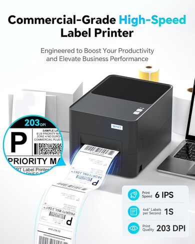 Thermal Transfer & Direct Thermal Label Printer, 4x6 Desktop Printer for Shipping Label Barcode Receipts Tag & Wrist Band, Compatible with UPS FedEx Amazon eBay Shopify, USB & Ethernet Connectivity in Kuwait