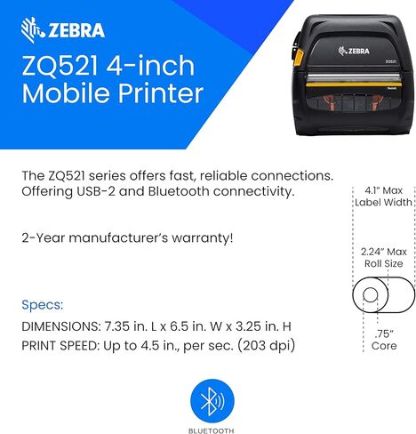 Zebra ZQ521 Premium Thermal Mobile Printer 4" | 203 DPI | No Ink Required | Direct Thermal (ZQ521 Bluetooth) (Renewed) in Saudi Arabia