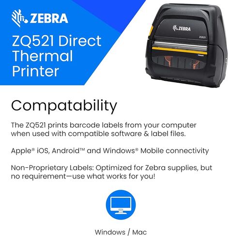 Zebra ZQ521 Premium Thermal Mobile Printer 4" | 203 DPI | No Ink Required | Direct Thermal (ZQ521 Bluetooth) (Renewed) in Saudi Arabia