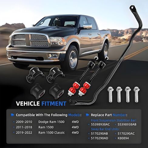 PENSUN Front Suspension Stabilizer Bar 55398938AC and Sway Bar End links Kit K80894 with Bushing for 2009-2022 Dodge Ram 1500, #55398938AB in Kuwait
